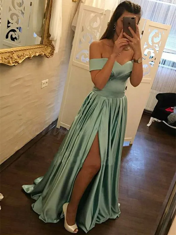 A Line Off Shoulder Satin Turquoise Long Prom with Slit, Turquoise Formal, Evening