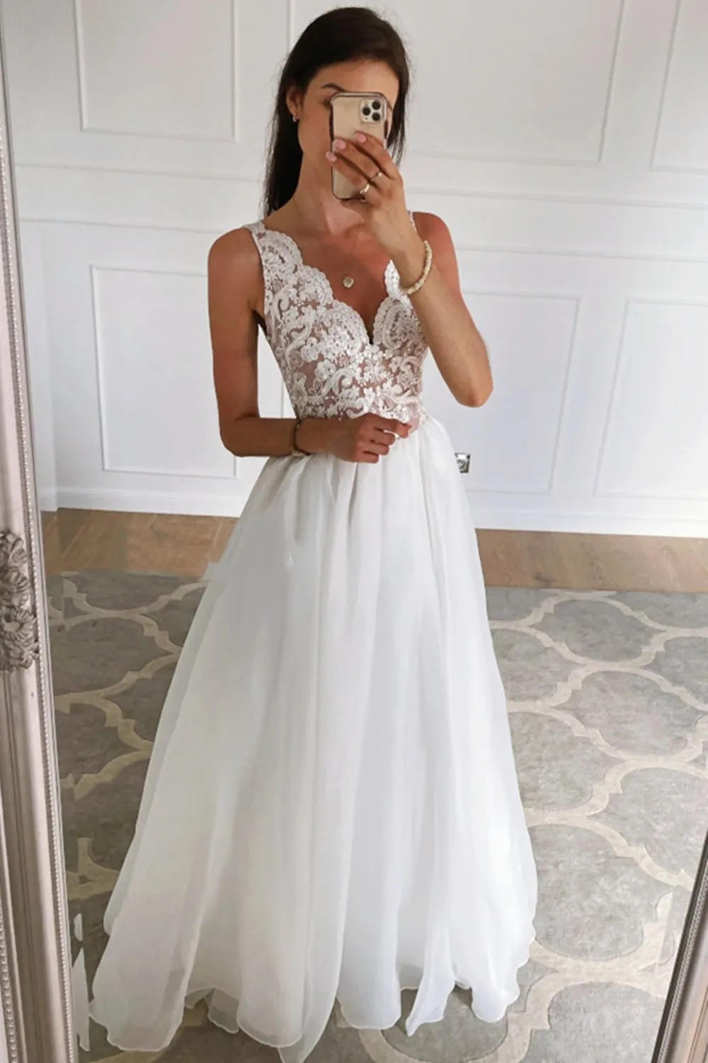 A Line V Neck Open Back White Lace Long Prom Dress, White Lace Formal Graduation Evening Dress A1323