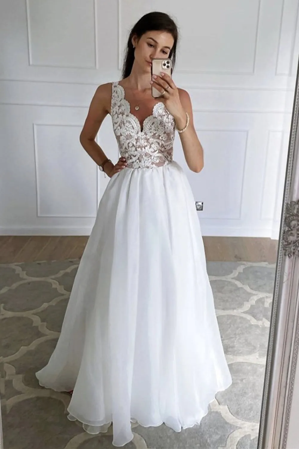 A Line V Neck Open Back White Lace Long Prom Dress, White Lace Formal Graduation Evening Dress A1323