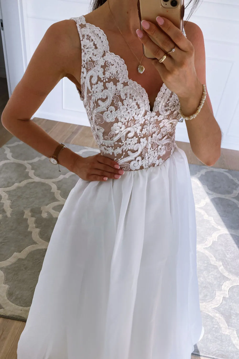 A Line V Neck Open Back White Lace Long Prom Dress, White Lace Formal Graduation Evening Dress A1323