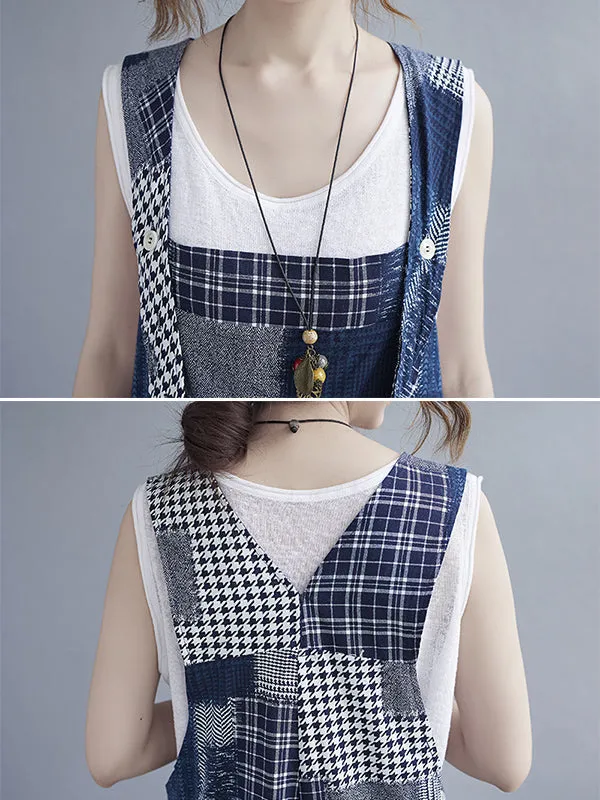 Artistic Retro Plaid Square-Neck Sleeveless Overalls