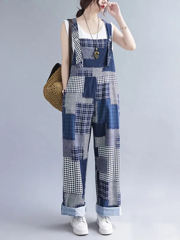 Artistic Retro Plaid Square-Neck Sleeveless Overalls