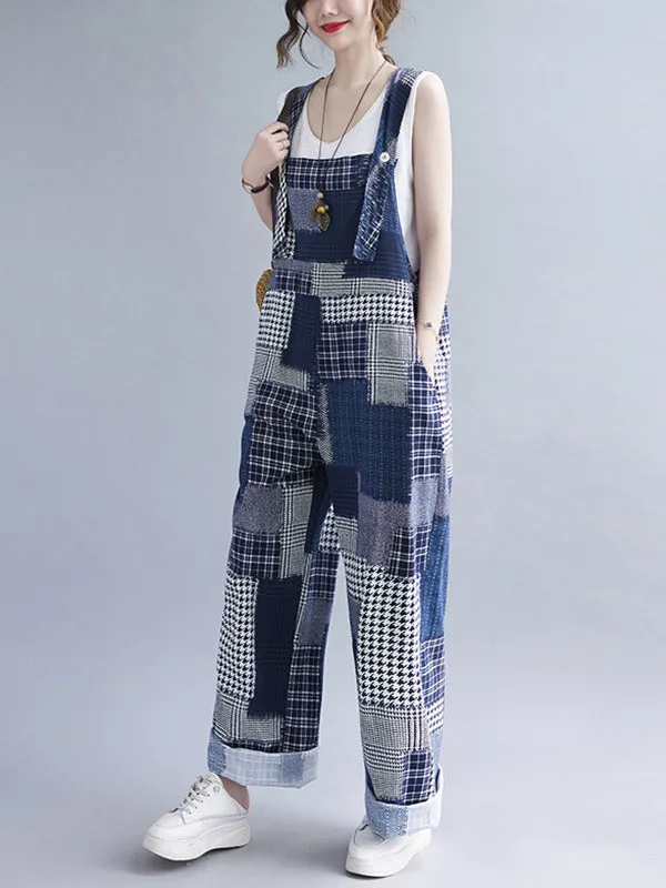 Artistic Retro Plaid Square-Neck Sleeveless Overalls