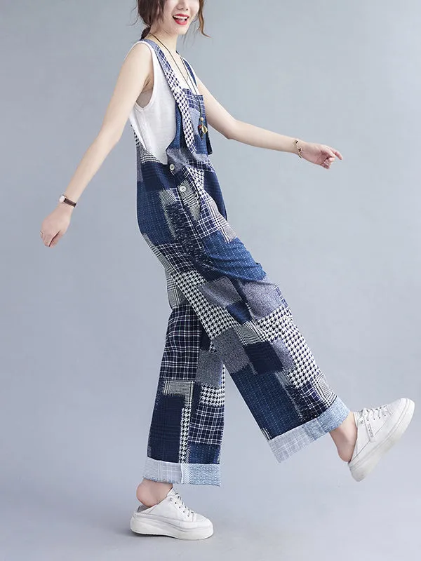 Artistic Retro Plaid Square-Neck Sleeveless Overalls