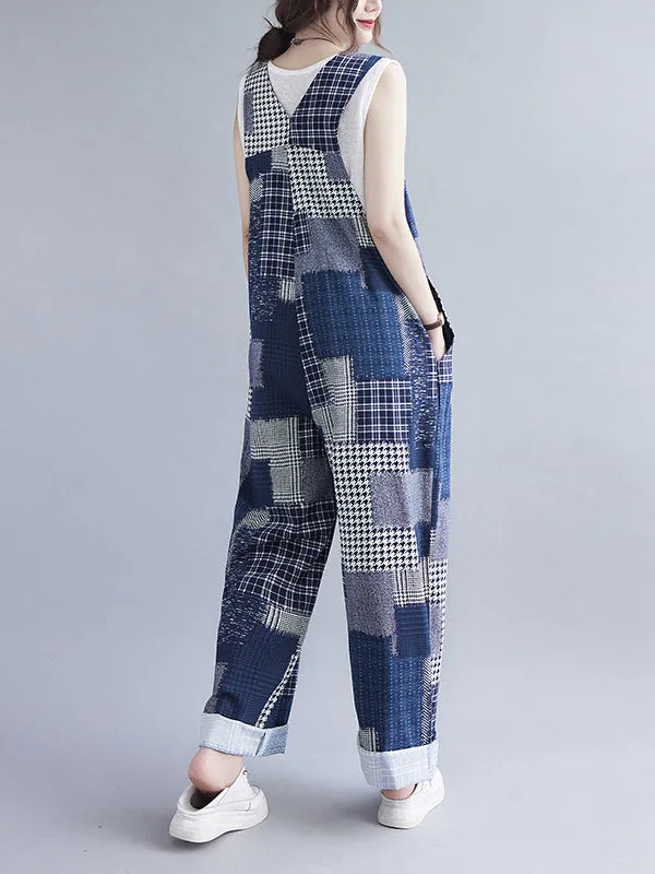 Artistic Retro Plaid Square-Neck Sleeveless Overalls