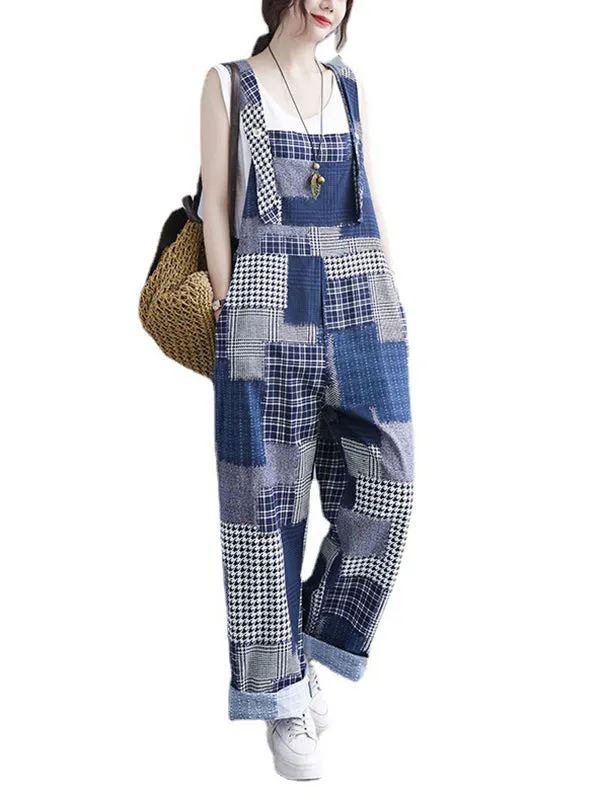 Artistic Retro Plaid Square-Neck Sleeveless Overalls