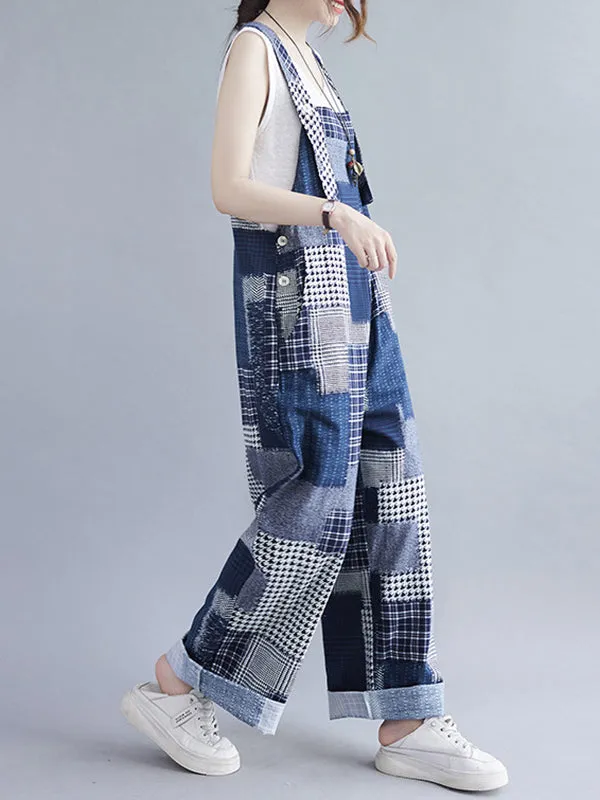 Artistic Retro Plaid Square-Neck Sleeveless Overalls