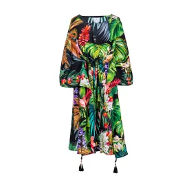 Black Botanica Italian Silk Midi Kaftan Dress