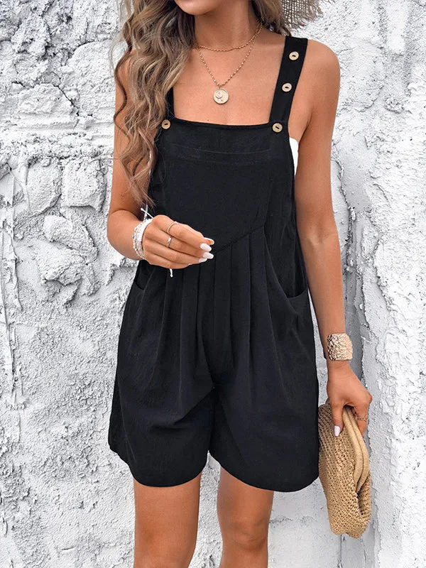 Buttoned Pleated Pockets Split-Joint Loose Sleeveless Square-Neck Overalls