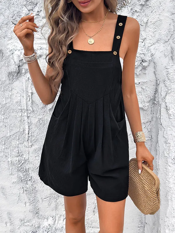 Buttoned Pleated Pockets Split-Joint Loose Sleeveless Square-Neck Overalls