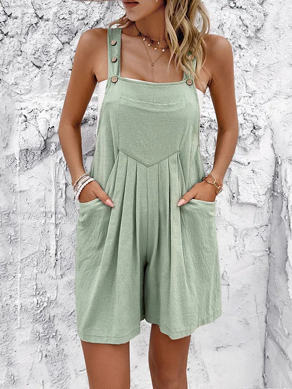 Buttoned Pleated Pockets Split-Joint Loose Sleeveless Square-Neck Overalls