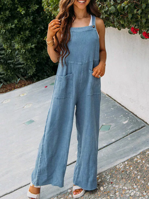 Buttoned Pockets High Waisted Loose Overalls