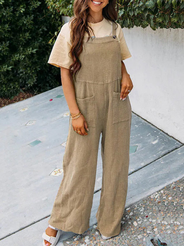 Buttoned Pockets High Waisted Loose Overalls