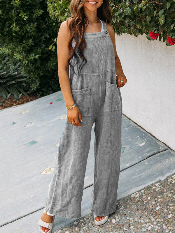 Buttoned Pockets High Waisted Loose Overalls