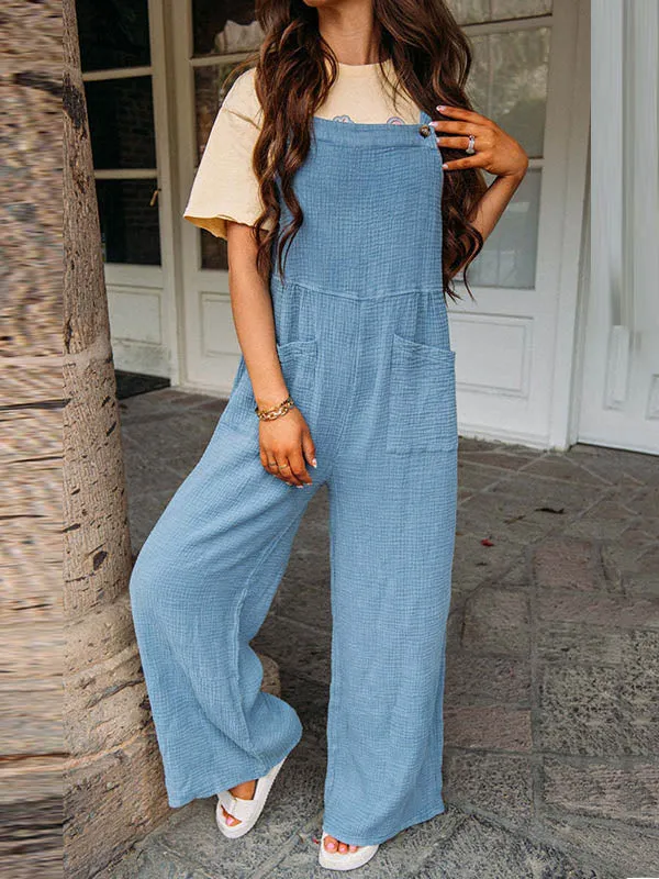 Buttoned Pockets High Waisted Loose Overalls