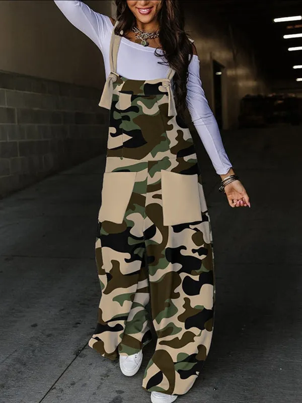 Camouflage Knot Pockets Split-Joint Loose Sleeveless Overalls