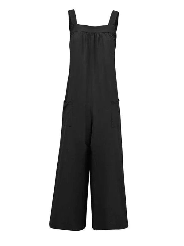 Casual Loose Sleeveless Solid Color Square-Neck Overalls