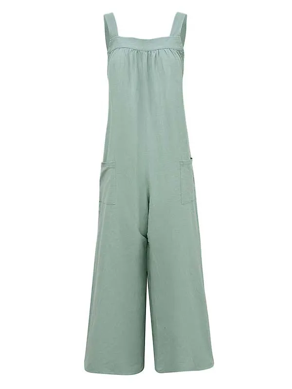 Casual Loose Sleeveless Solid Color Square-Neck Overalls