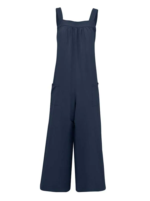 Casual Loose Sleeveless Solid Color Square-Neck Overalls