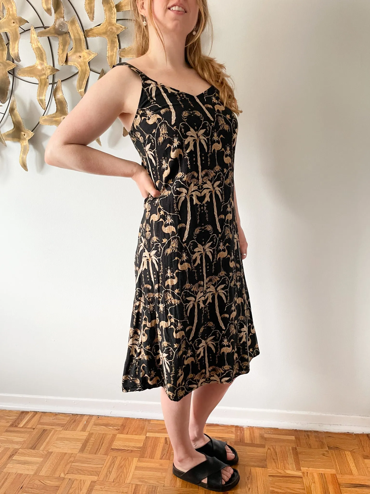 Cream Black Tropical Palm Print V-Neck Dress - Small