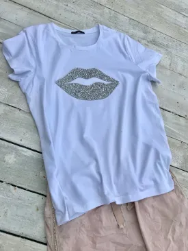 Diamonte lips super stretchy one size T-Shirt in White