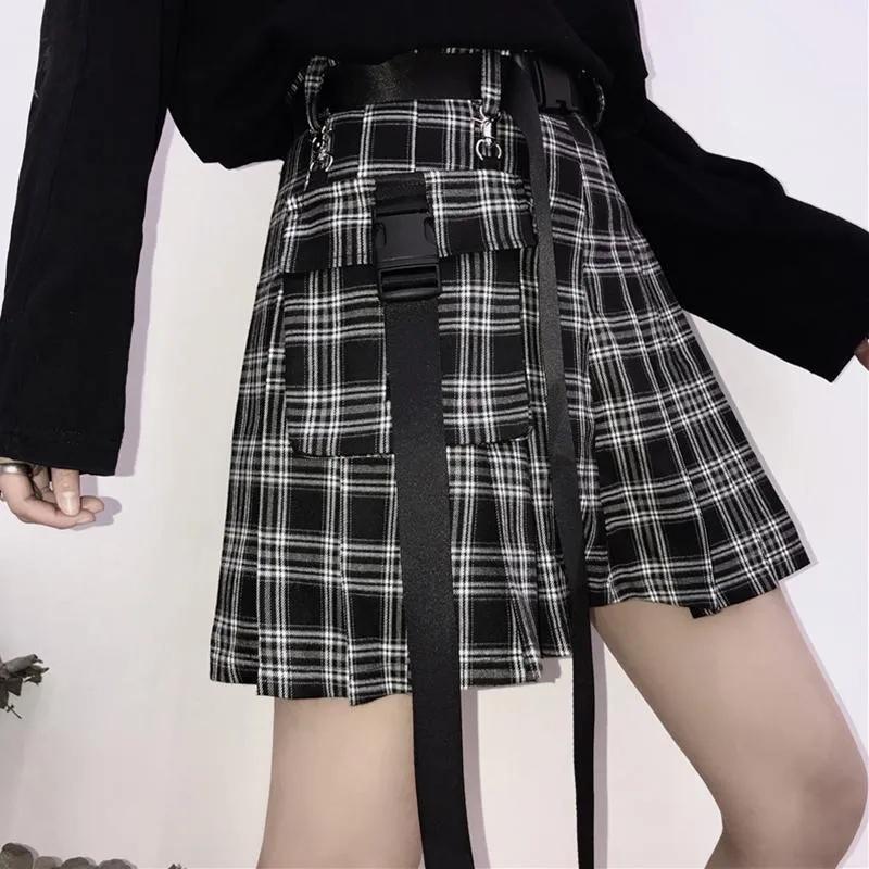 High Waist Black Belts Pleated Plaid Skirt