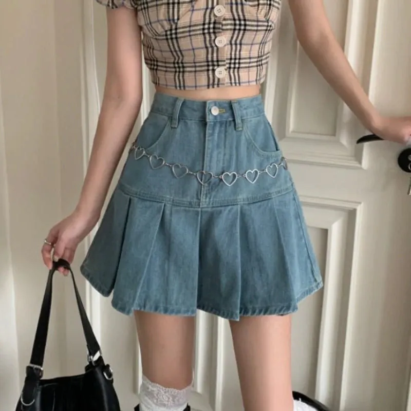 KittenAlarm - High Waist Pleated Mini Denim Skirt