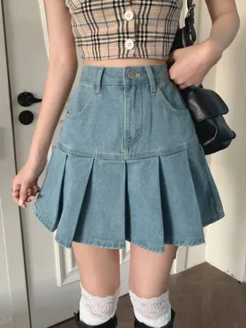 KittenAlarm - High Waist Pleated Mini Denim Skirt