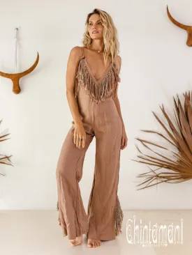 Long Linen Boho Jumpsuit with Fringes for Women / Vneck Overalls / Dusty Pink