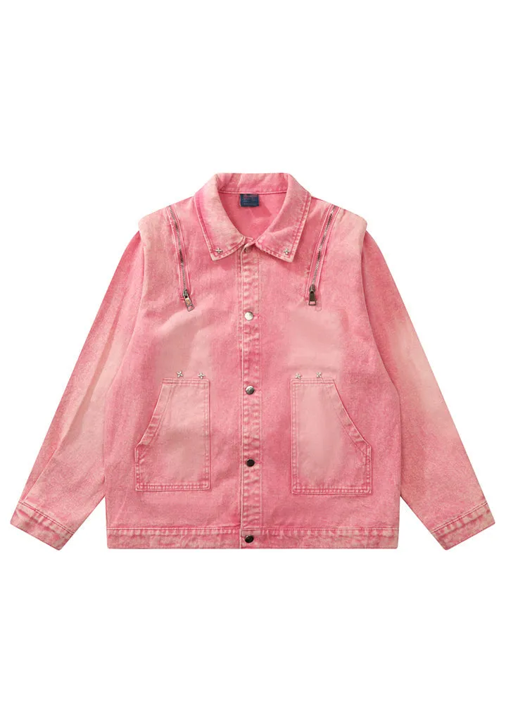 Loose Pink Button Pockets Patchwork Unisex Style Denim Coats Fall LY9386