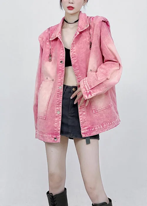 Loose Pink Button Pockets Patchwork Unisex Style Denim Coats Fall LY9386