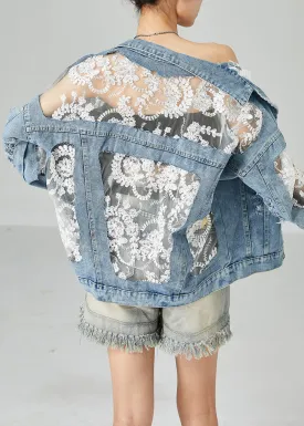 Modern Blue Lace Tulle Patchwork Denim Coats Summer