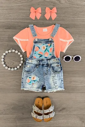 Peach Distressed Denim Overall Short Set