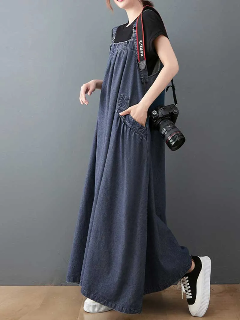 Plain Denim Salopette Overall A-Line Dress