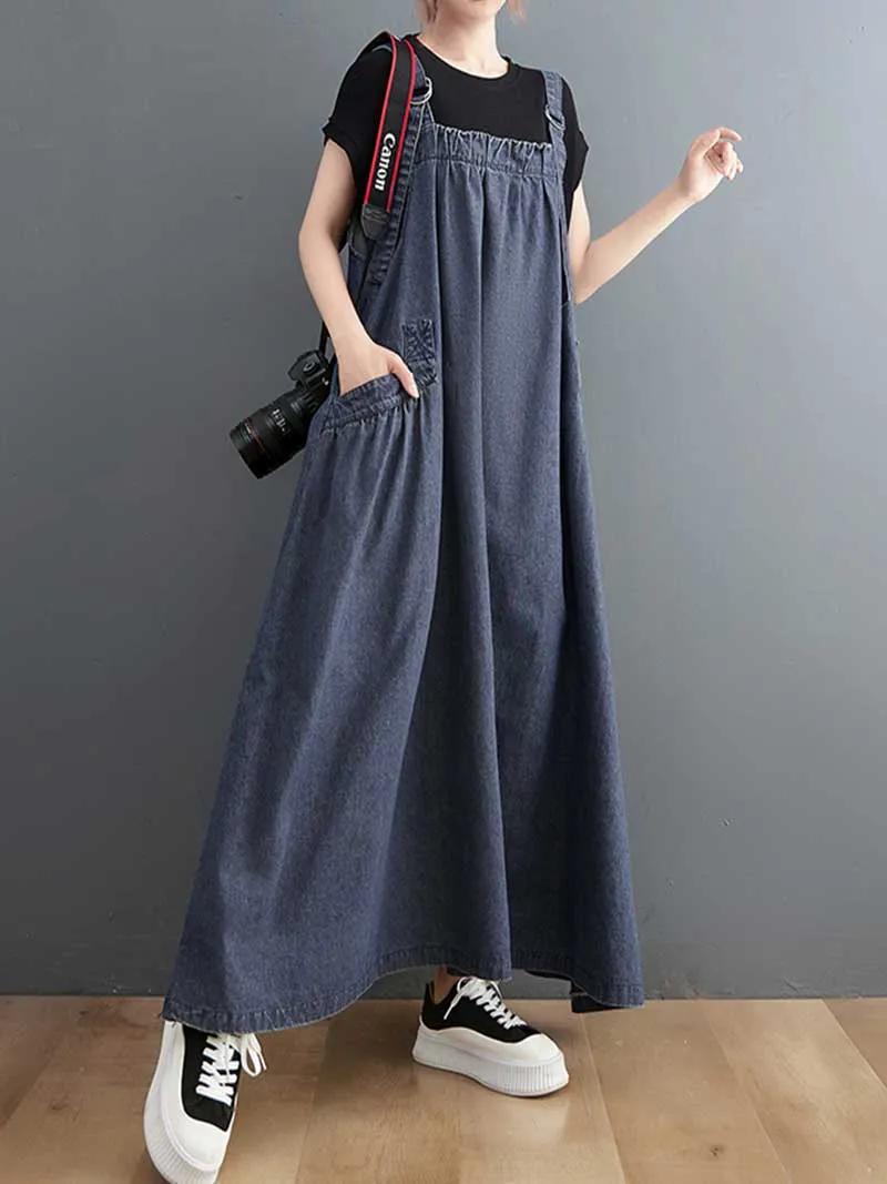 Plain Denim Salopette Overall A-Line Dress