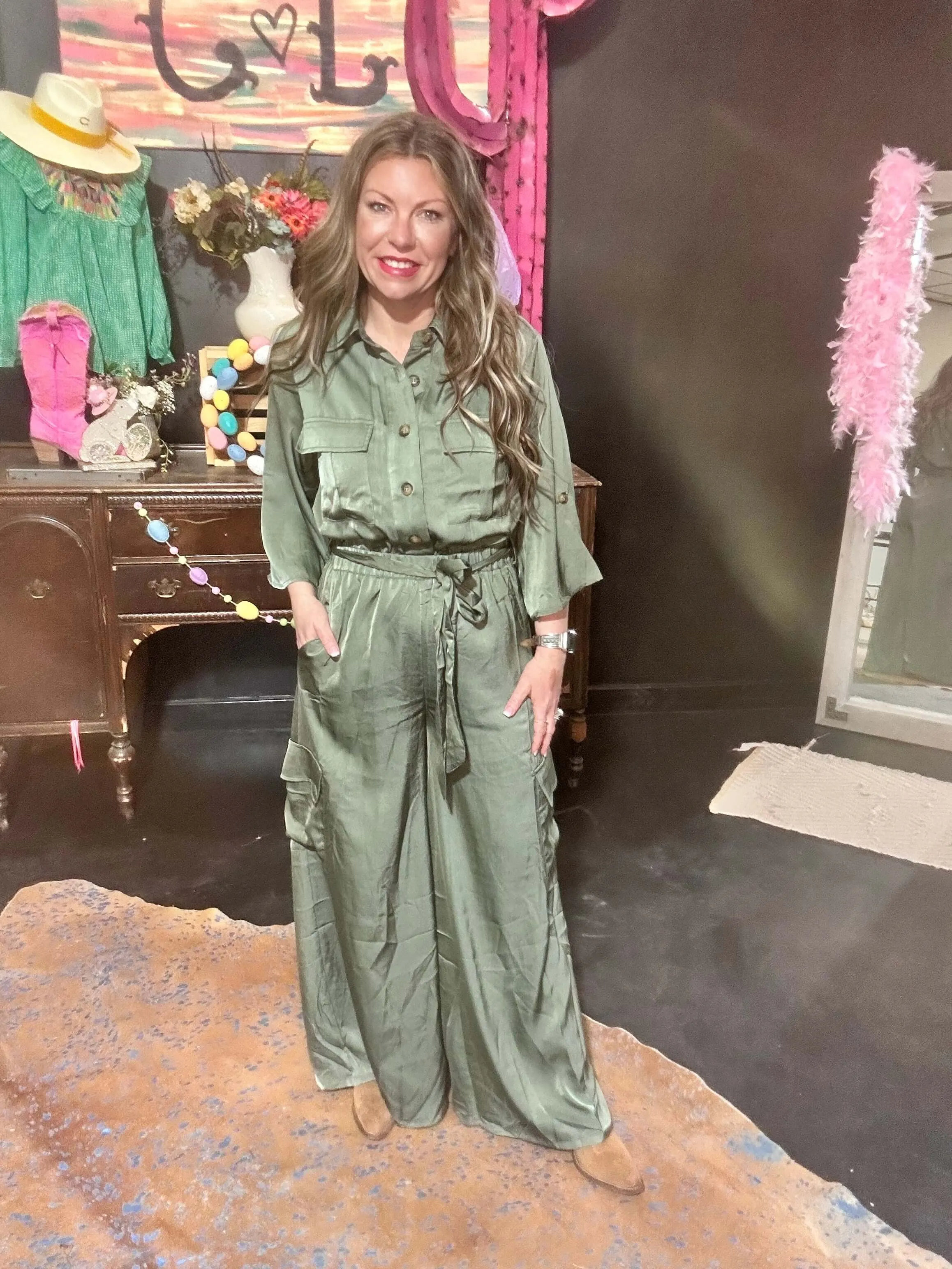 Silky Sage Gree  3/4 length sleeve Romper Jumpsuit