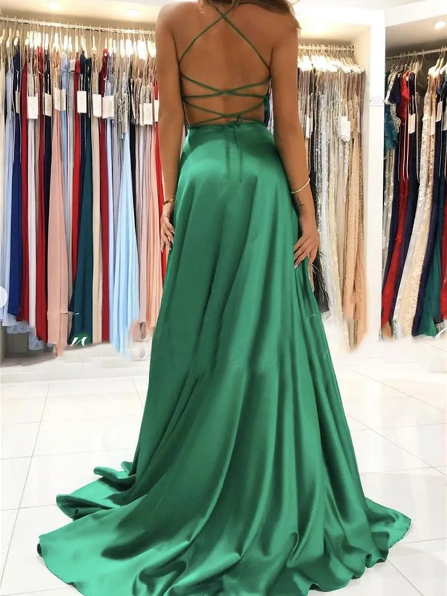 Simple V Neck Backless Green Long Prom with High Slit, Backless Green Formal Graduation Evening