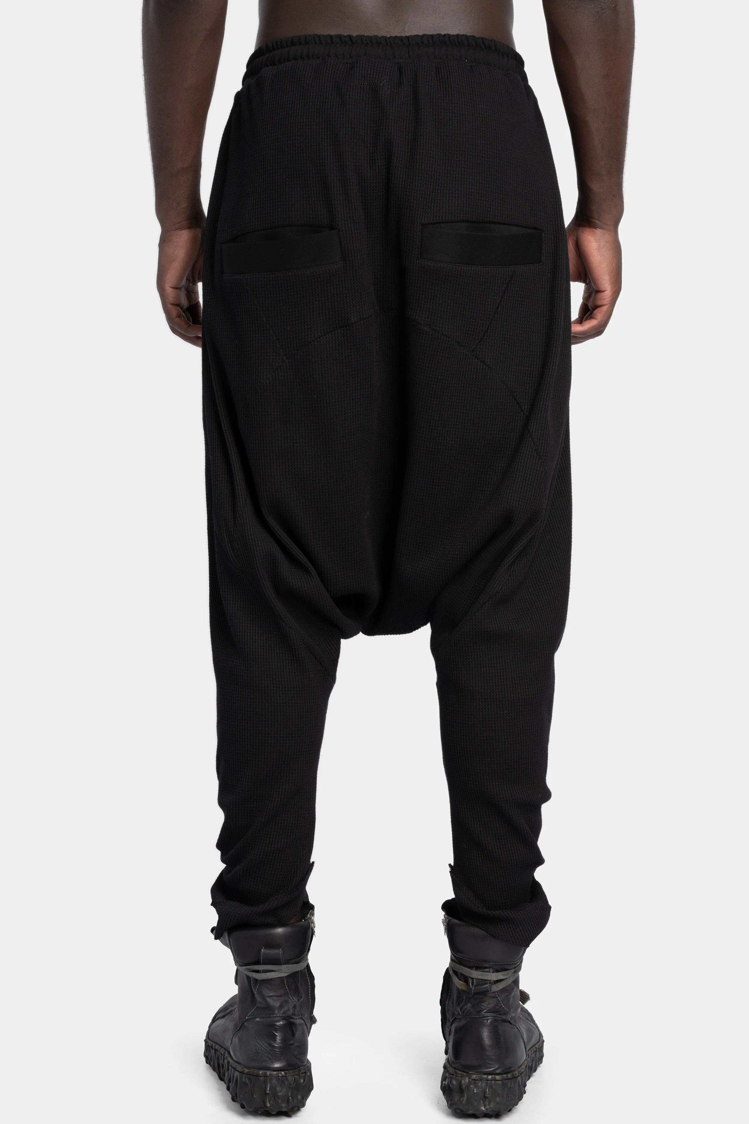 Waffle cotton drop crotch sweatpants, Black